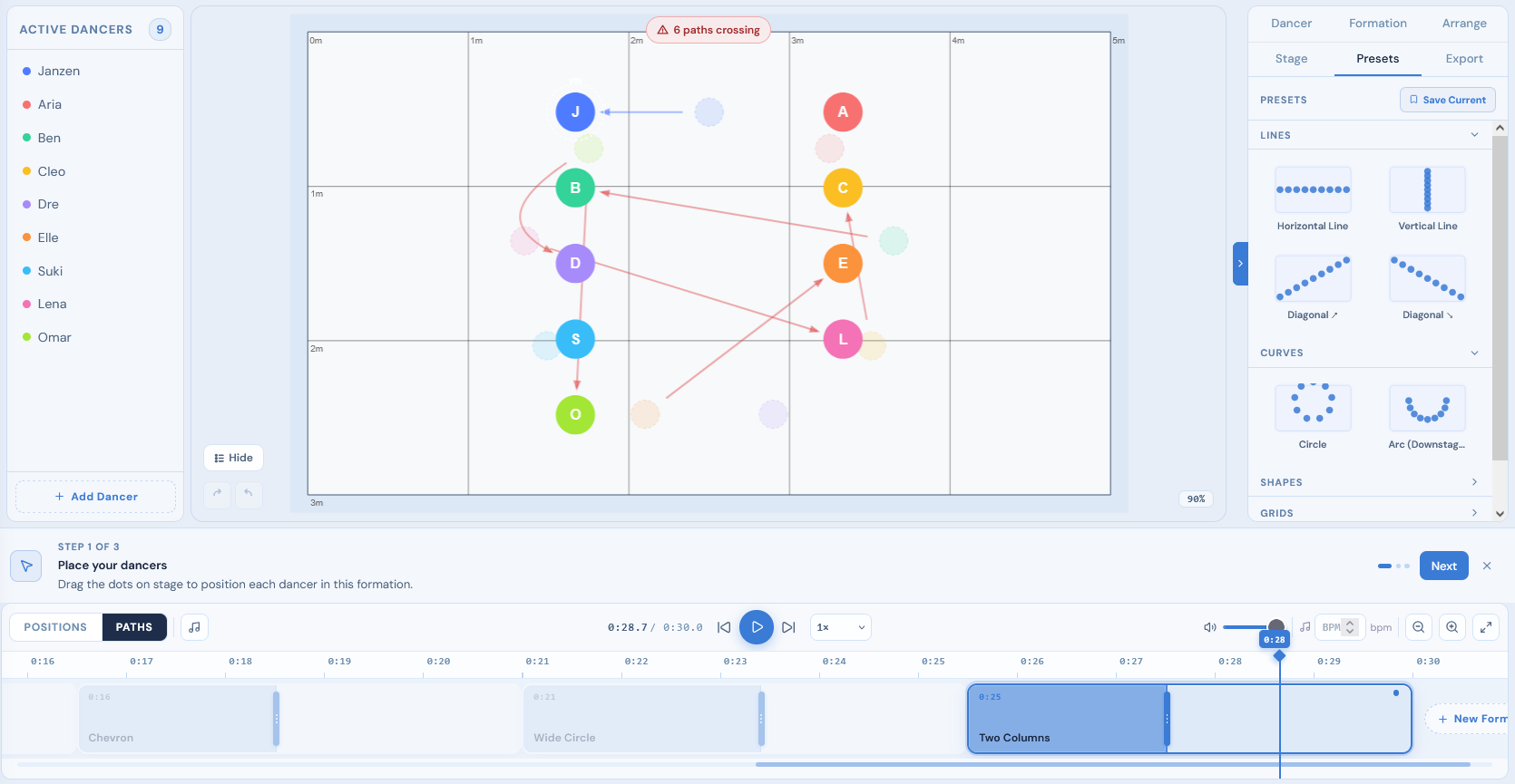 Formation editor — Map dancer positions on a scaled stage canvas, build transition paths, and export formation sheets.
