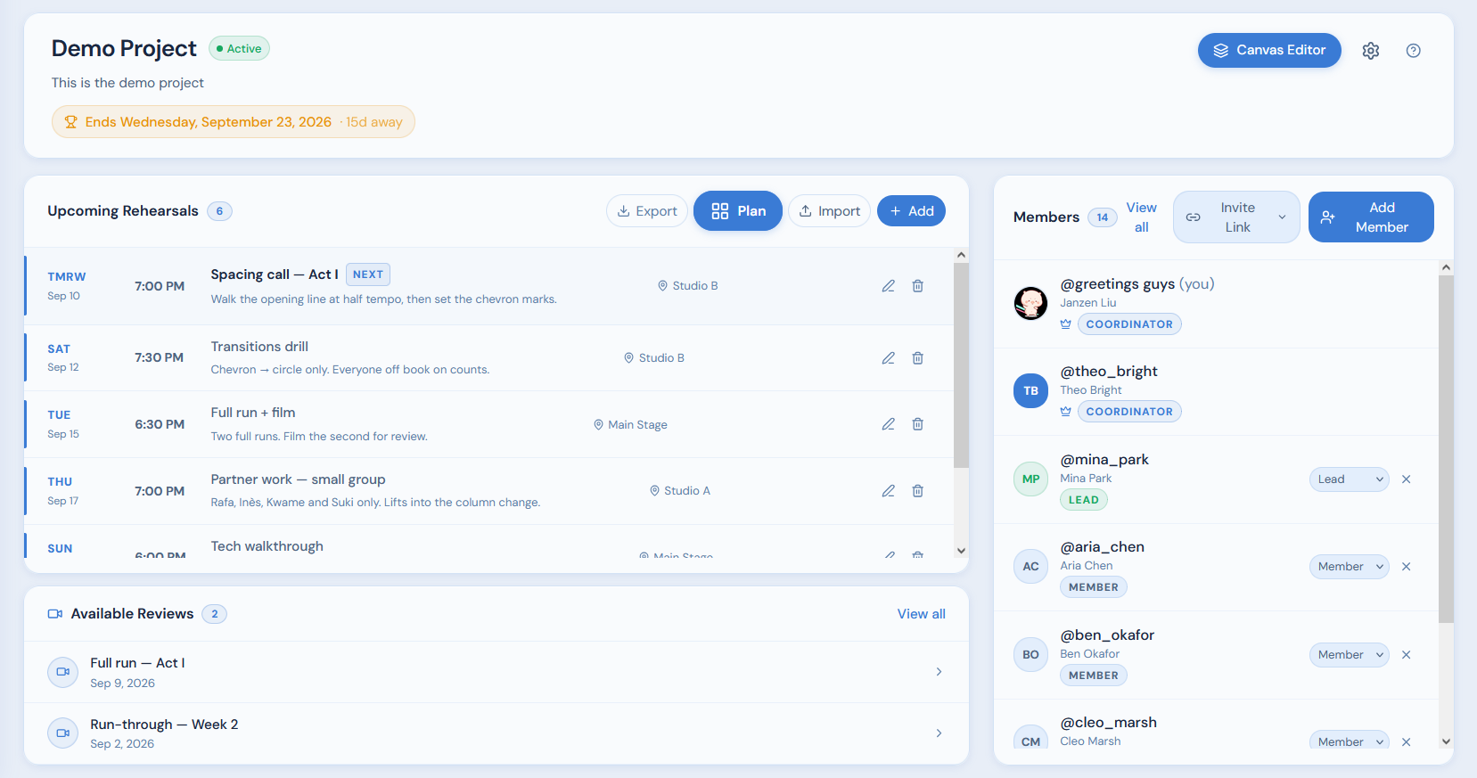 Project management — Invite dancers, set coordinator and member roles, and run every project from one hub.